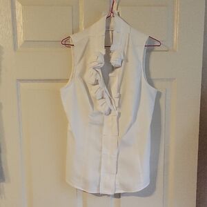 New York & Company White Sleeveless Ruffle-Front Blouse